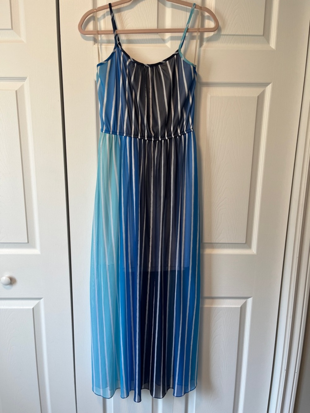 Studio Y Blue and Aqua Striped Spaghetti Strap Maxi Dress